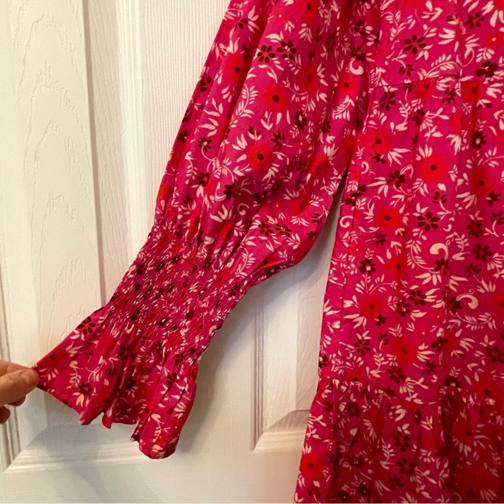 FIGUE Bella French Pink Floral Print Tiered Cotton Mini Baby Doll Dress - Picture 15 of 16